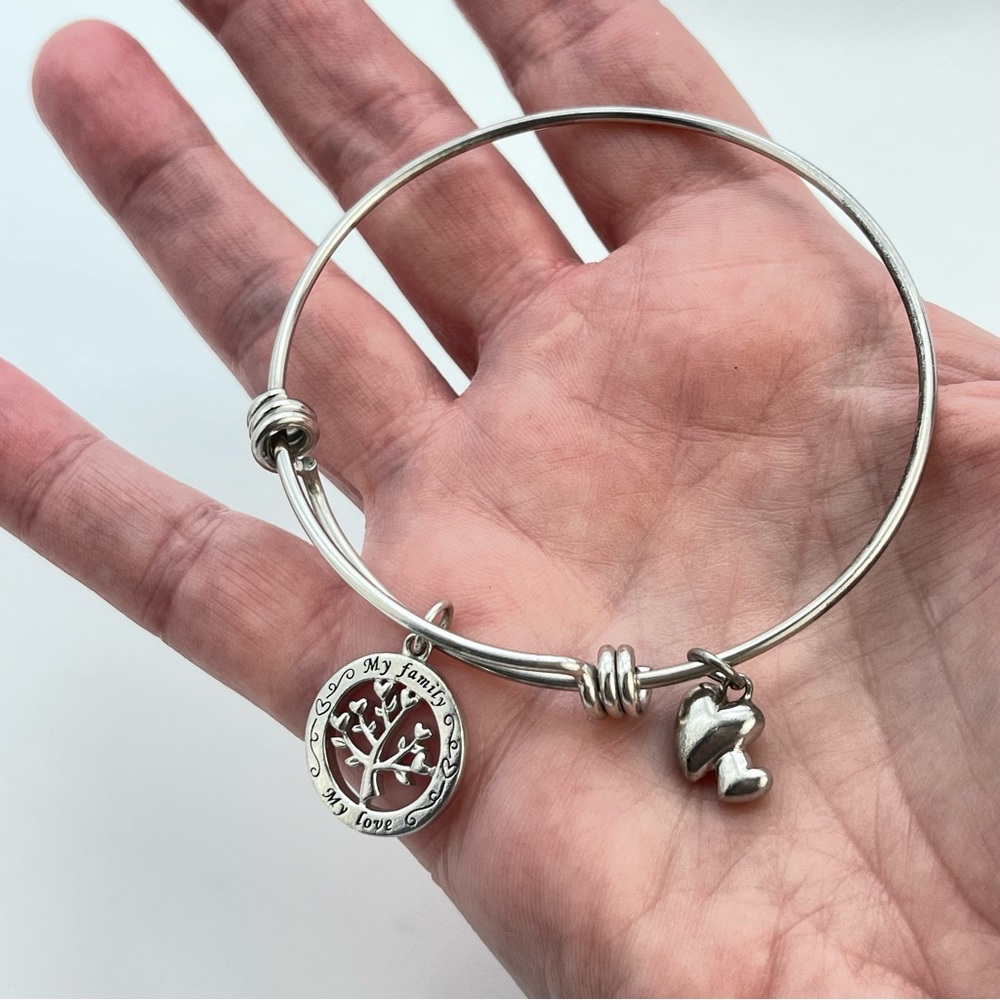 Silver Tree Of Life & Heart Bangle Charm Bracelet Expandable Bangle 925 Sterling